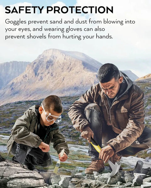 Man and child using Upgrade Geology Rock Hammer Kit Bundle With 33.8 Oz Pick and tools in outdoor rock hounding