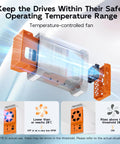 Top Shelf Dual Bay Sata Raid Enclosure For 3.5 Inch Hdd And Ssd showing temperature-controlled fan functionality.