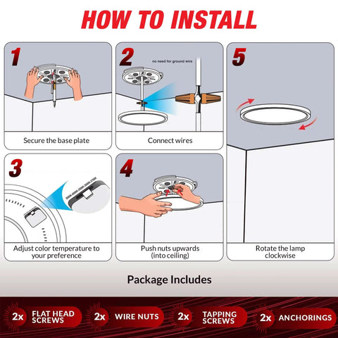 Installation guide for LED Flush Mount Ceiling Light 12 Inch Round Five Color Temperatures Low Profile 2000 Lumen 120 Volt No Buzz Flicker