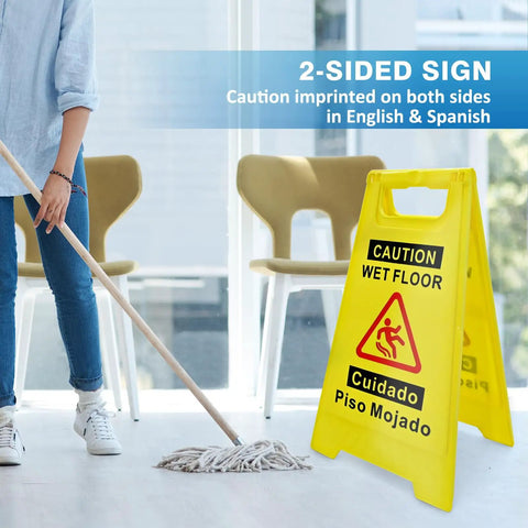 Two Pack Wet Floor Sign 17.5 Inch Tall Bright Yellow Double Sided A Frame Caution Sign For Home And Biz Use With Bilingual Caution Message
