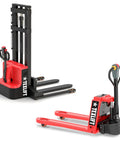 Heavy Duty Full Electric Forklift Walkie Pallet Stacker With 3300 Lb Capacity For Moving Big Loads And Easy Warehouse Tasks Plus 158 Inch Lift Height And Solid Build, red and black design with forks and control handle.