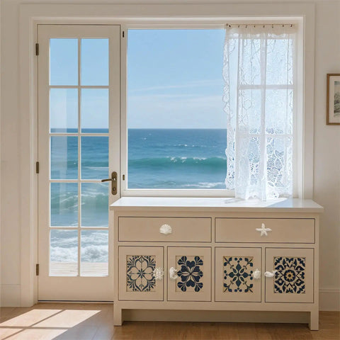 Six Ocean Themed Cabinet Knobs Set With Cast Iron Drawer Pulls For Dresser And Cupboard Includes Screws Coastal Decor With A Beachy Vibe Featuring Turtle Whale Seahorse Starfish Crab And Scallop Details Durable And Easy To Install on white coastal dresser