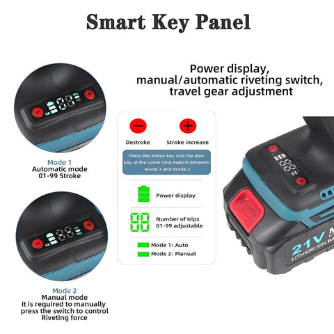Smart key panel of Hella Durable Cordless Rivet Gun with LED light showing mode settings for automatic and manual riveting.