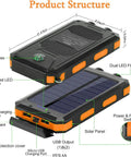 Product structure of Rugged 38800mAh Solar Power Bank With Type C Output Waterproof Outdoor Backup Charger; three outputs, LED, compass