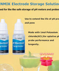 YINMIK Electrode Storage Solution bottles for pH meters, 10ml, with text describing usage and benefits, next to a giveaway box.
