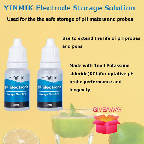 YINMIK Electrode Storage Solution bottles for pH meters, 10ml, with text describing usage and benefits, next to a giveaway box.