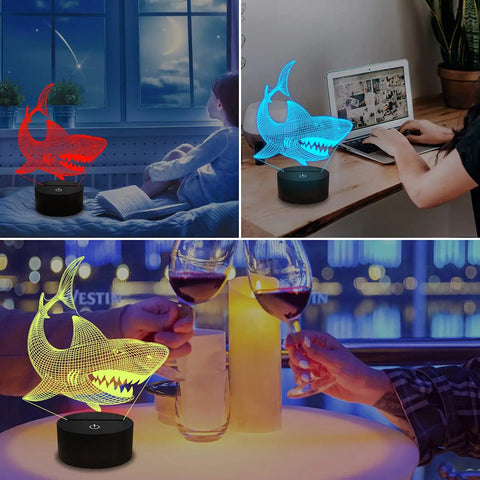 Shark 3D Illusion Night Light With Touch Control And Remote 16 Color USB LED Desk Lamp Kid Friendly Room Decor