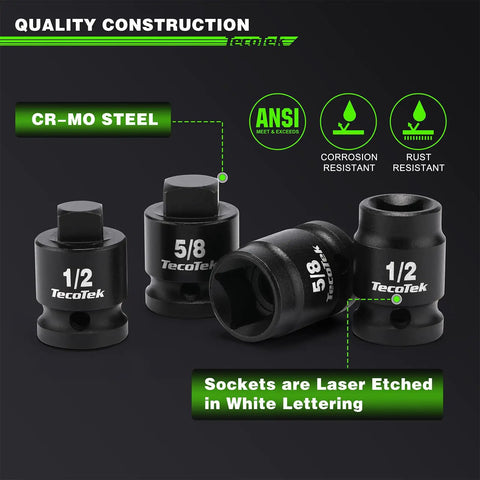 Rock Hard 10 Piece 1/2 Inch Drive Pipe Plug Socket Set Constructed To Shred Through Rusty Fittings With Premium Chrome Moly Steel, featuring 1/2 and 5/8 sockets.