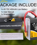 4S 450mAh 75C LiPo Battery Pack With XT30 Plug For FPV Multirotor Drones Ultra Compact 150 Size, box and manual shown