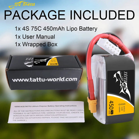 4S 450mAh 75C LiPo Battery Pack With XT30 Plug For FPV Multirotor Drones Ultra Compact 150 Size, box and manual shown