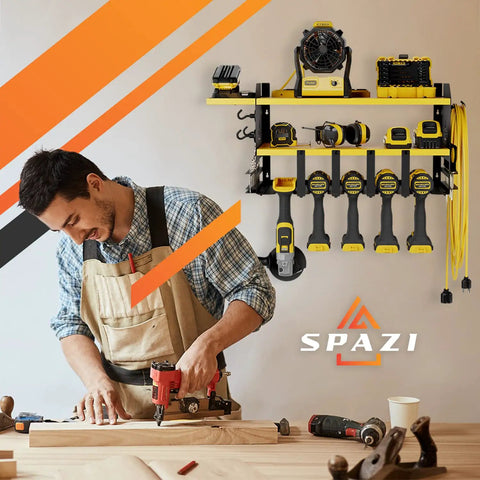 Wall Mount Power Tool Organizer Rack with Drill Holder and Tray Four Magnetic Hooks Two Shelves Pro Grade Heavy Duty Steel