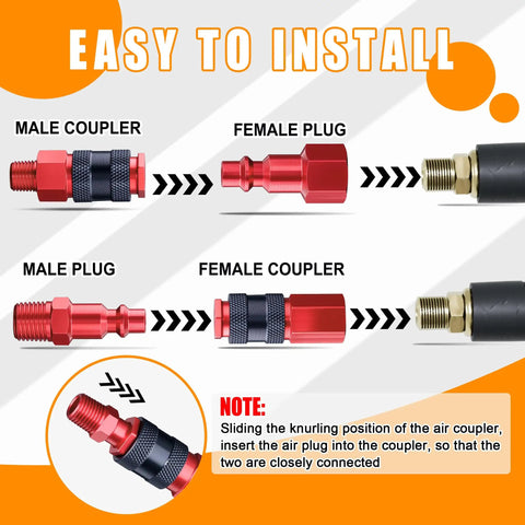 Diagram showing connection steps of 34-Piece 1 Quarter Inch Quick Connect Air Fittings Kit with couplers and plugs.