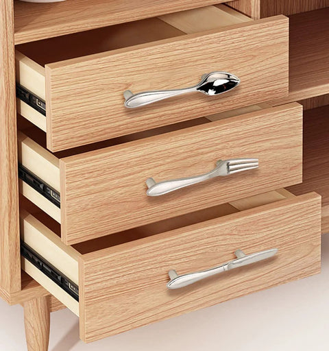3 Piece Funny Knife Spoon Fork Shape Cabinet Pulls Set For Kitchen Cupboard And Drawer Handles installed on wooden drawers