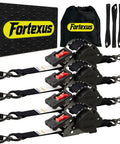 Hardcore Heavy Duty Retractable Ratchet Straps 1 Inch By 12 Feet Auto Tie Down With 1760 Lb Break Strength No Frills Cargo Hauler For Atv Trailer Motorcycle Pickup Truck Utv Kayak 4 Pack with packaging and straps visible.