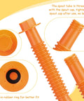 Close-up of 12 Pack Gas Can Spout Replacement Kit With Bendable Nozzle Screw Collar Caps Gasket Stoppers And Vent Caps For Most Oil Gas Water Cans Orange For Home Use, showing orange bendable nozzle and caps.