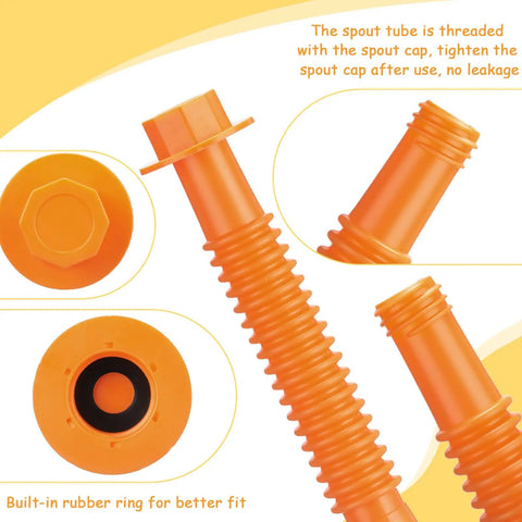 Close-up of 12 Pack Gas Can Spout Replacement Kit With Bendable Nozzle Screw Collar Caps Gasket Stoppers And Vent Caps For Most Oil Gas Water Cans Orange For Home Use, showing orange bendable nozzle and caps.