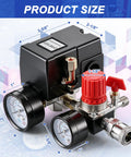 Air Compressor Pressure Switch Kit With Four Port NPT Manifold Regulator And Dual Gauges Automatic On Off Start Stop At 90 To 120 PSI 20 Amp Replacement Part For Air Compressors In Home Shop with size specifications