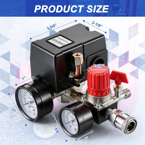 Air Compressor Pressure Switch Kit With Four Port NPT Manifold Regulator And Dual Gauges Automatic On Off Start Stop At 90 To 120 PSI 20 Amp Replacement Part For Air Compressors In Home Shop with size specifications