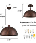 Rusty Industrial Dome Pendant Light 17.7 Inch with adjustable 78-inch chain, dimmable hanging fixture for kitchen island and dining room.