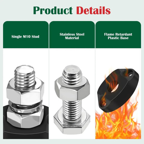 M10 Single Stud Battery Junction Block 12V Bus Bar Beefy High Current 250A DC Power Distribution Block For Automotive Marine And Off Road Battery Ground Terminal, single M10 stud, stainless steel, flame-retardant base