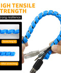 Blue Must-Have Spiral Cable Wrap 16.4 Ft Durable PP Spiral Cable Protector for Wires and Cables demonstrated with devices