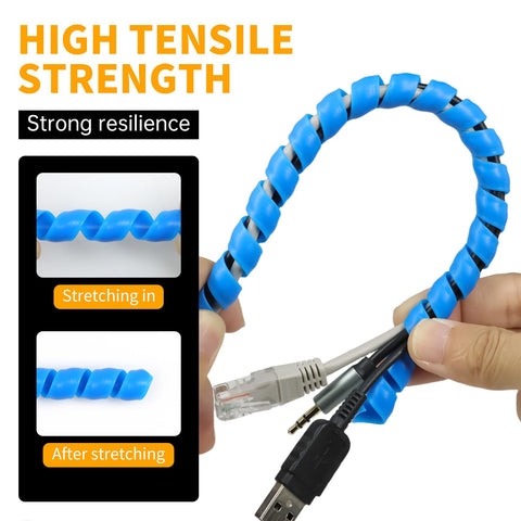 Blue Must-Have Spiral Cable Wrap 16.4 Ft Durable PP Spiral Cable Protector for Wires and Cables demonstrated with devices
