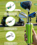 Hands holding Golf Bag Organizer And Club Carrier for on the go golfers, showing clip securing different golf clubs on a green field.