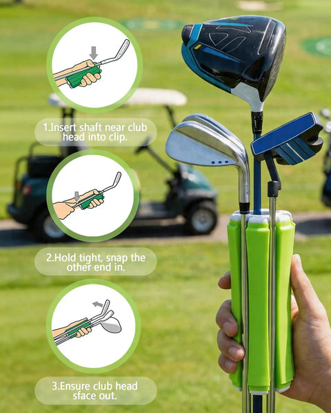 Hands holding Golf Bag Organizer And Club Carrier for on the go golfers, showing clip securing different golf clubs on a green field.