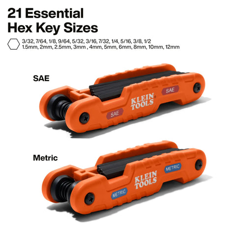 Two orange foldable tools from Pro Folding Hex Key Set With 21 SAE And Metric Keys High Leverage Blades Two Pack Extended Reach