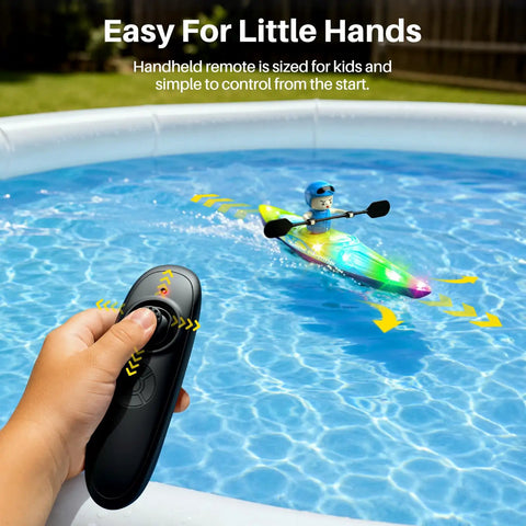 Hand holding remote controlling Two Pack Remote Control Boats For Kids Ages 6 To 12 With Dolphin Ball Catching Nose in pool