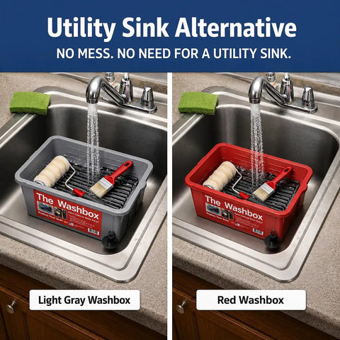 Sink Insert For Easy Paint Cleanup With Brush And Roller Cleaner Tray Paint Tool Washer System Keeps Paint Out Of Your Sink No Fuss Fits Most Sinks Made In USA shown in gray and red colors in kitchen sinks