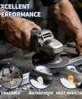 Person using power tool on metal piece, highlighting drillable, waterproof, heat-resistant features; focus on All Purpose 2 Part Epoxy Putty Clay.