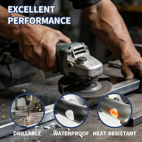 Person using power tool on metal piece, highlighting drillable, waterproof, heat-resistant features; focus on All Purpose 2 Part Epoxy Putty Clay.