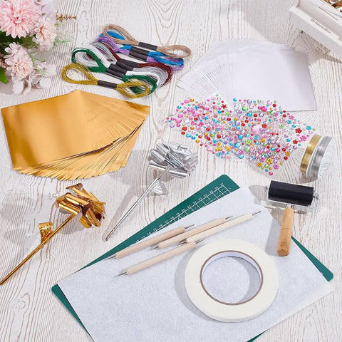 Metal Embossing Kit 51 Pcs for DIY Art Projects with Aluminum Foil Sheets 12x12cm, including tools and craft materials