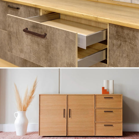 Dark Walnut Solid Wood Cabinet Pulls 2 Pack for cabinets and drawers, 160mm length, installed showing natural wood grain and modern style.