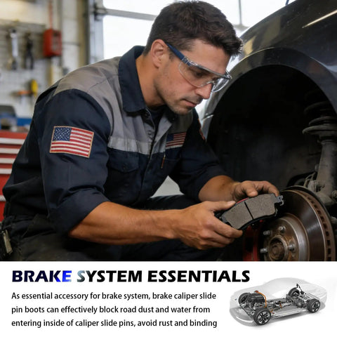 Mechanic working on car brakes highlighting 4PCS Rubber Brake Caliper Slide Pin Bushing Kit For Caliper Pins And Boots Replacement DIY Ready