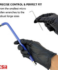 Gloved hand holding large and small Allen wrenches from Jumbo Allen Wrench Set With 29 Pieces Torx SAE And Metric Hex Keys Folding Tool T Handle And Storage Case Built From Industrial Grade CRV Steel.