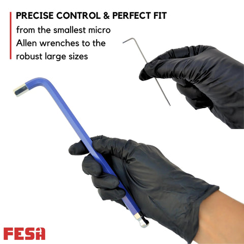 Gloved hand holding large and small Allen wrenches from Jumbo Allen Wrench Set With 29 Pieces Torx SAE And Metric Hex Keys Folding Tool T Handle And Storage Case Built From Industrial Grade CRV Steel.