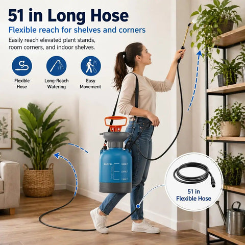 Person using long reach telescopic wand waterer for hard to reach hanging baskets and wall planters with a 33.4 inch brass wand