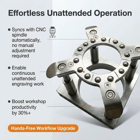 Effortless operation of No-Hassle Unattended CNC Spindle Clamp for Woodworking and Engraving, 75mm Pressure Plate Auto Hold-Down System.