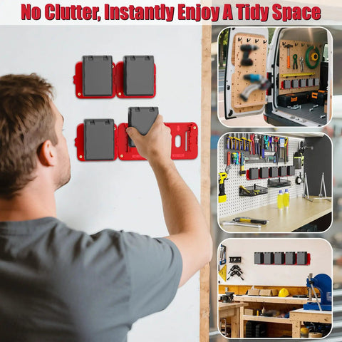 Person mounting Heavy Duty Milwaukee 18V Battery Holder Storage Pack For Wall Mount Or Shelf on workshop wall.