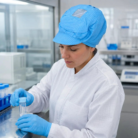 Five Pack Blue Anti Static Caps Featuring Breathable Mesh Panels And Reliable Dust Blocking Defense For Cleanrooms Laboratories And Industrial Shop Grind Heavy Duty Headwear Engineered To Keep You Cool And Confident On The Daily worn by a lab worker in a cleanroom.