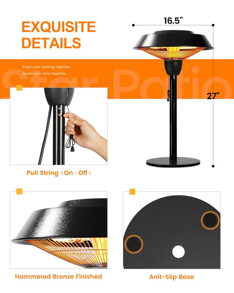 Diagram showing Infrared Patio Tabletop Heater With Tip Over Protection IP44 Waterproof 1500W Outdoor Heater with dimensions and features.