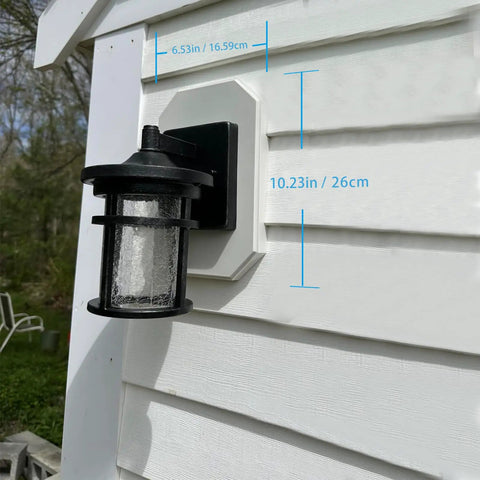 Heavy Duty Siding Mounting Block Kit With Built In Electrical Box For Half Inch Lap Siding, Vertical Lamp Mount Plate, Black Paintable Finish, Outdoor Light Block Mounts, 2 Pack For Quick And Easy Plug And Play Install. Black lantern on white lap siding