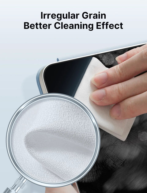 JSAUX microfiber cleaning cloth, white, 100-count; front view wiping smartphone screen