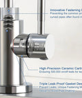 Close-up of Top Tier Stainless Steel Reverse Osmosis Faucet With High Arc Swivel Spout and Single Handle showing innovative fastening design.