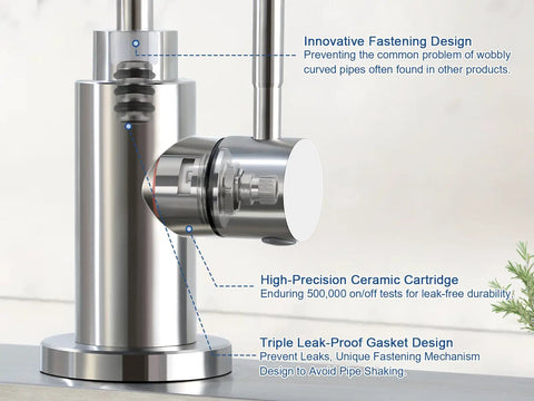 Close-up of Top Tier Stainless Steel Reverse Osmosis Faucet With High Arc Swivel Spout and Single Handle showing innovative fastening design.