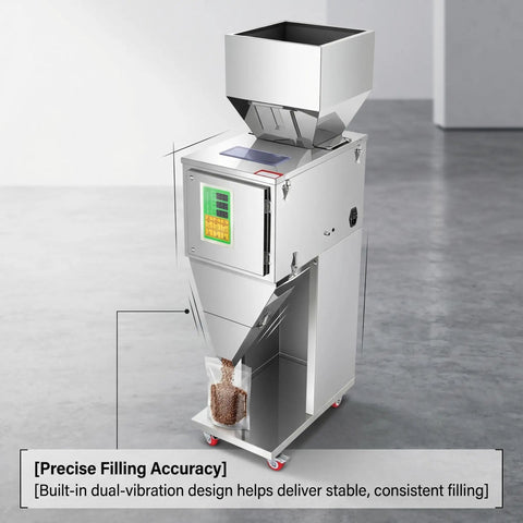 No Sweat Precision Granule Filling Machine With Heavy Duty Stainless Steel Build, showing digital scale and coffee bag filling.