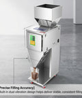 Slick Heavy Duty Granule Filling Machine With Foot Pedal Stainless Steel Precision Scale Dispenser For Coffee Beans Tea Seeds And Bulk Grains, side view showcasing dual-vibration design.