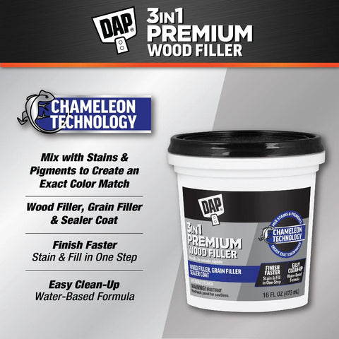 Premium White Wood Filler 16 Oz 3 In 1 Stainable Grain Filler And Sealer Coat Pro Grade Knife Grade Acrylic Latex shown with features